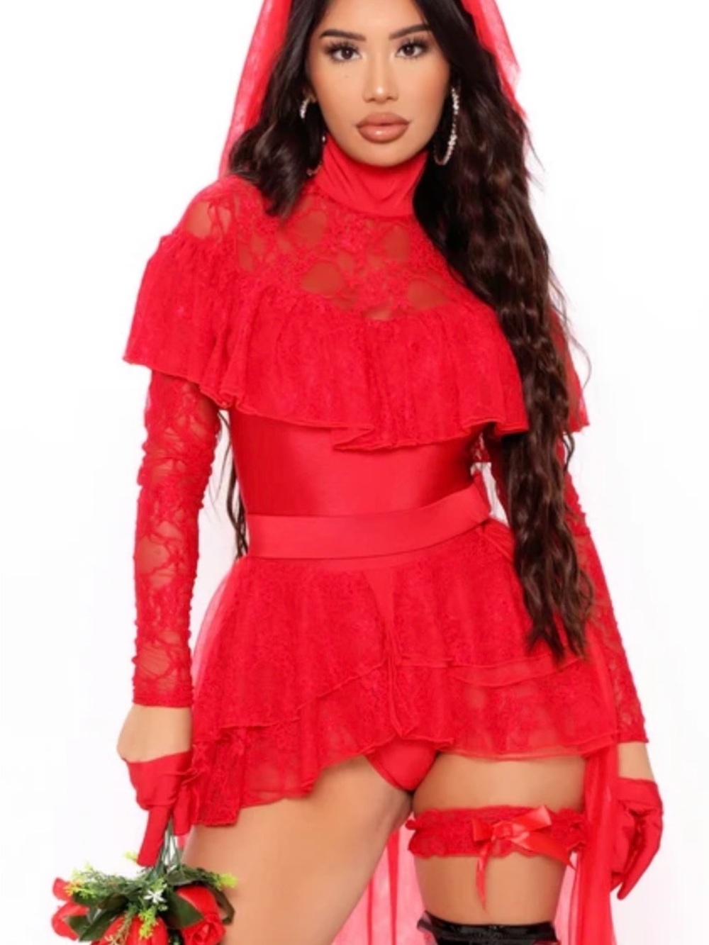 Fashion Nova Red Lace Ruffle Hooded Babydoll Skirt Set